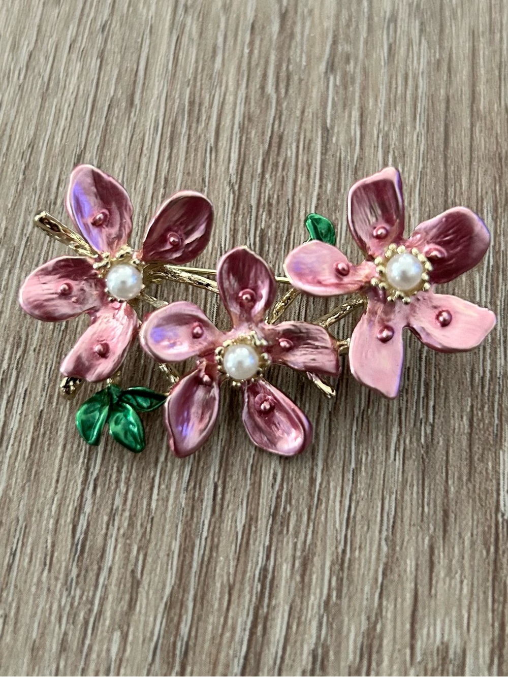 Pink Enamel Floral Pearl Brooch with Green Leaves